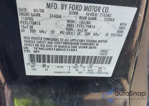 2008 Ford Escape Xlt z USA, uszkodzony, nr VIN 1FMCU93128KE31591